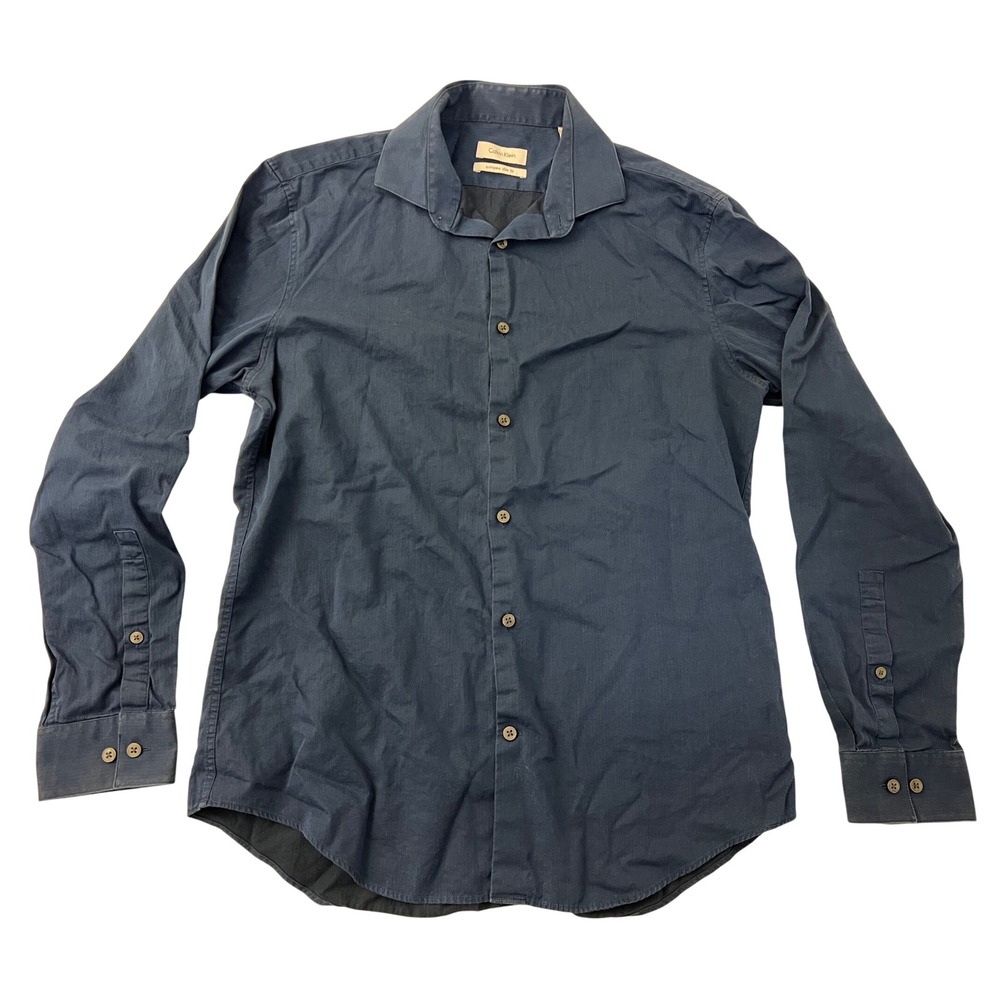 Calvin Klein Mens Extreme Slim Fit Navy Blue Herringbone Dress Shirt 15.5 32/33